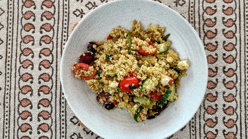 Photograph of Quick pesto couscous salad.
