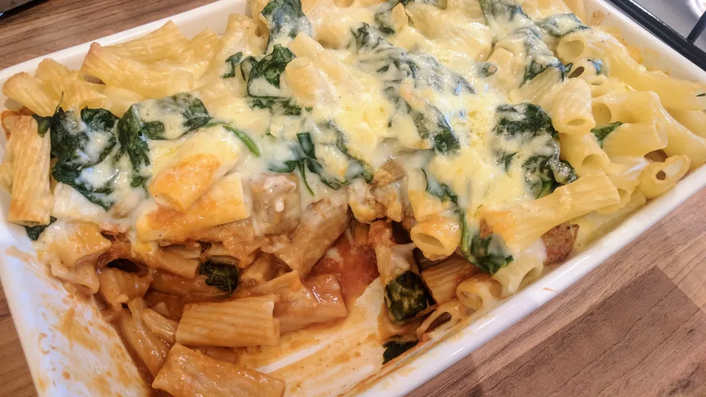 Photograph of Rigatoni sausage bake.