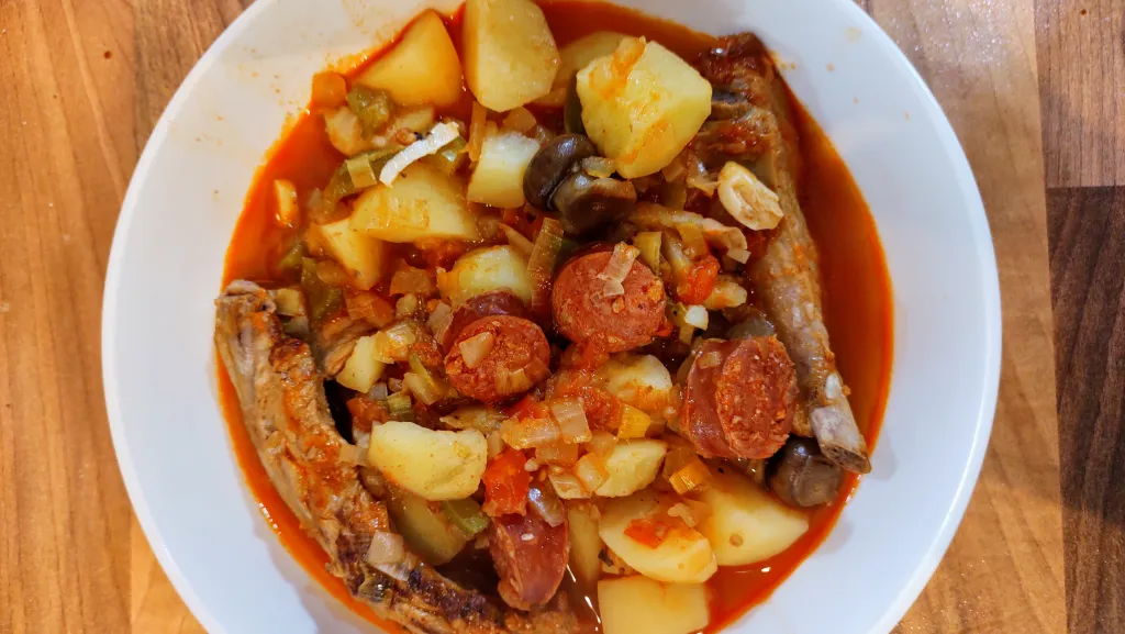 Photograph of Riojan pork, chorizo and potato pot.