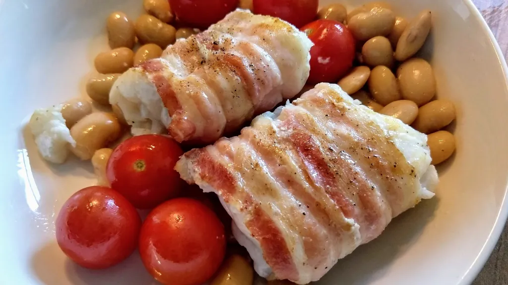 Photograph of Roast cod with pancetta.