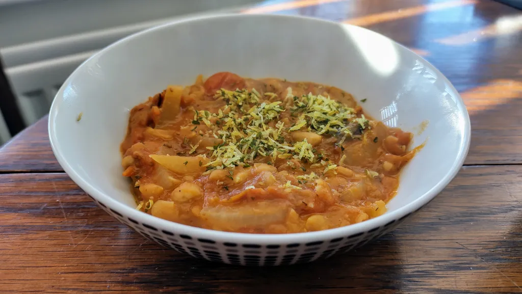 Photograph of Roasted tomato and white bean stew.