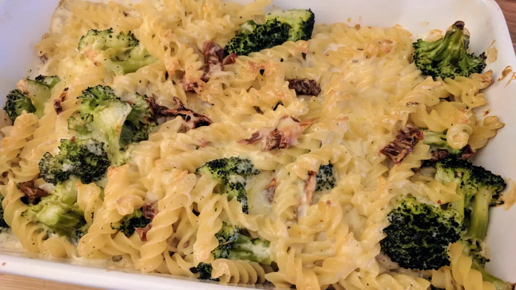 Photograph of Salmon and broccoli pasta bake.