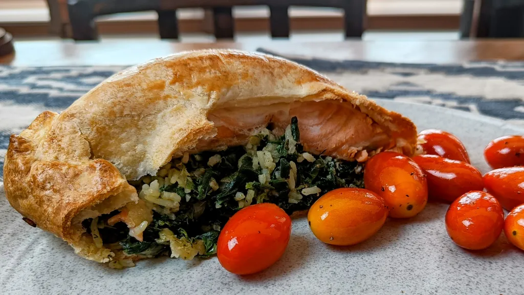 Photograph of Salmon & spinach kouliabac.