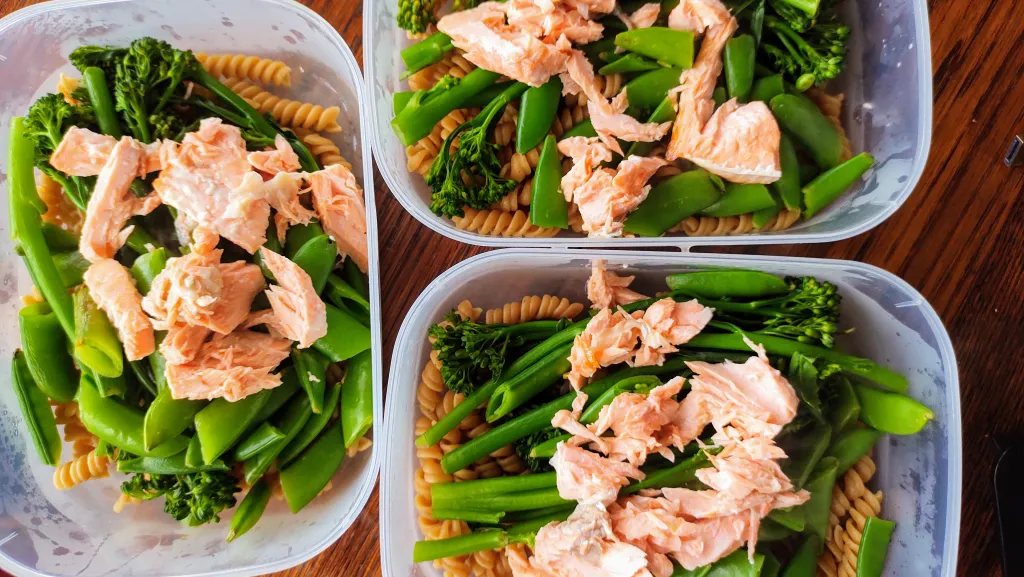 Photograph of Salmon and spring veg orzo.