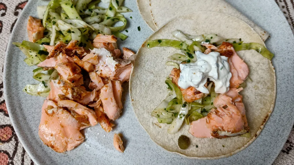 Photograph of Salmon tacos (mediterranean-style).