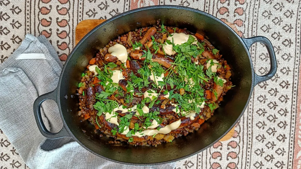 Photograph of Sausage, lentil & fennel stew with creme fraiche & dijon mustard.