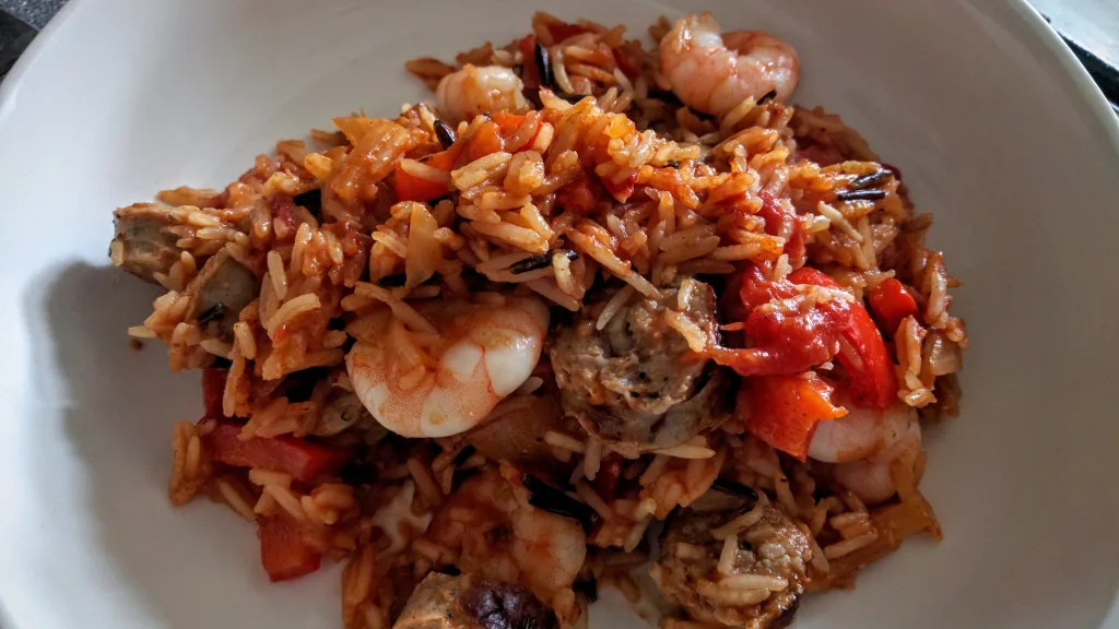 Photograph of Sausage & prawn jambalaya.
