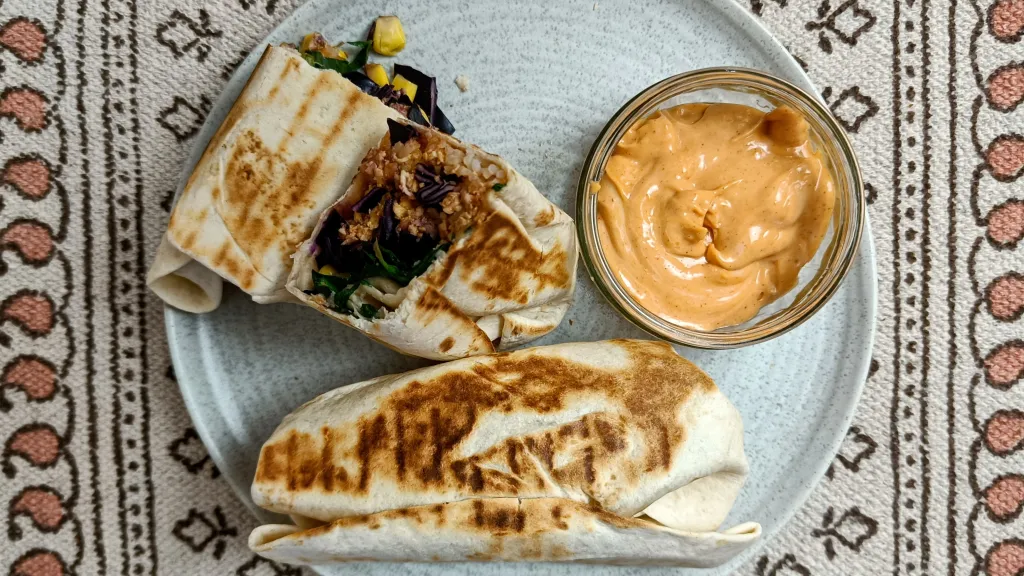 Photograph of Shredded bbq tofu wrap.