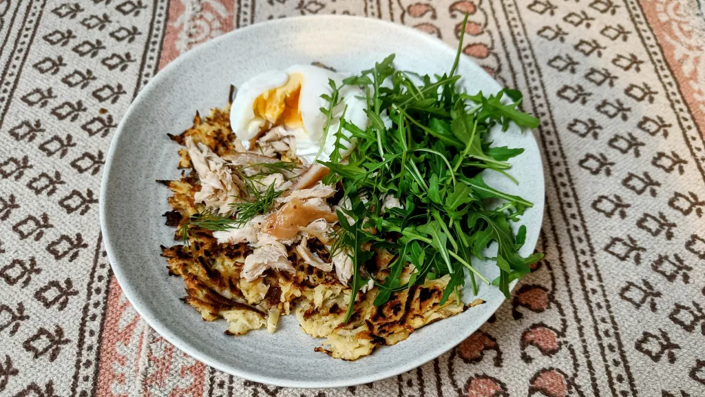 Photograph of Smoked trout with parsnip rosti.