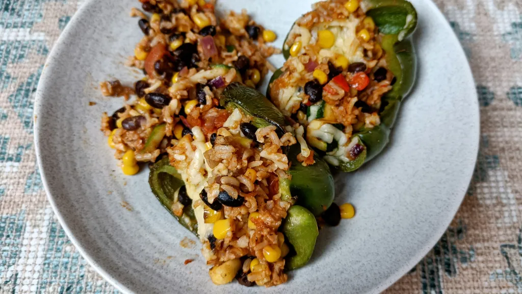 Photograph of Southwestern vegetarian stuffed bell peppers with rice.