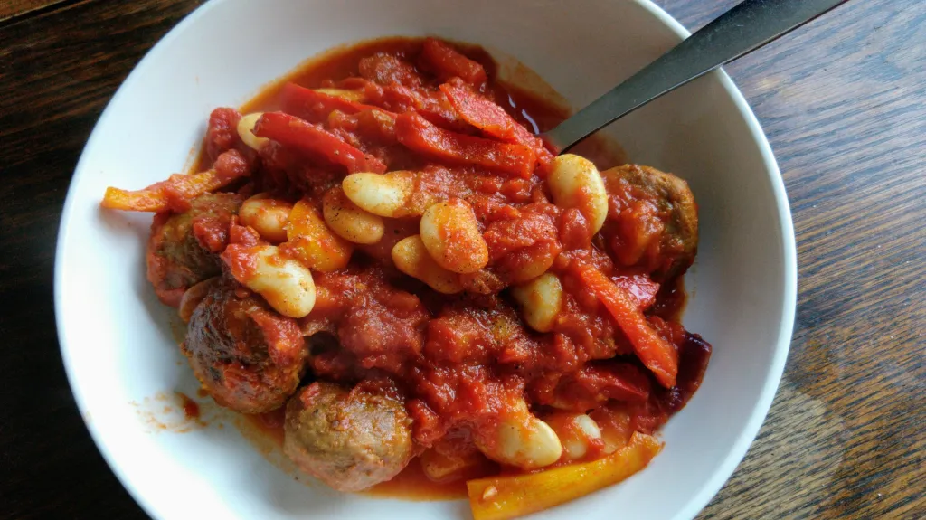 Photograph of Spanish meatball & butter bean stew.