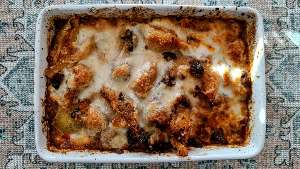 Photograph of Spicy ancho mushroom pasta bake.
