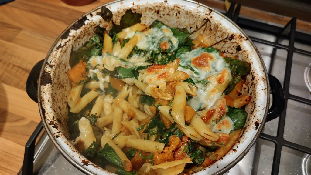 Photograph of Spicy butternut squash pasta with spinach.