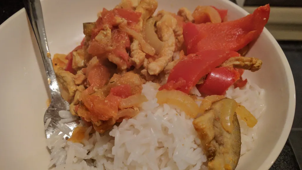 Photograph of Spicy pork & aubergine.