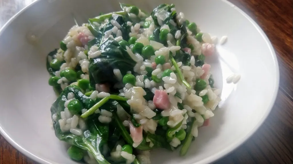 Photograph of Spring vegetable and pancetta risotto.