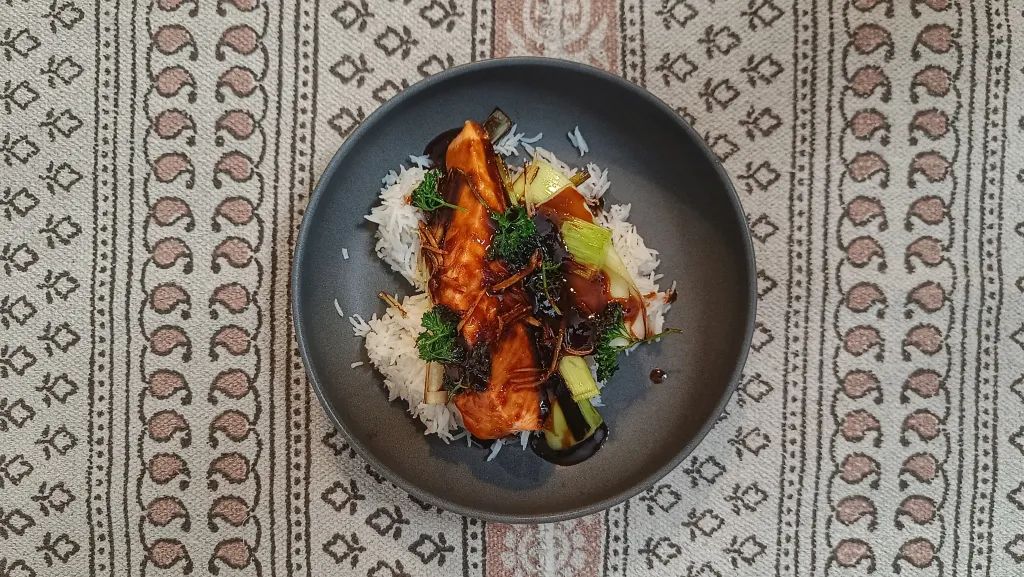 Photograph of Sticky salmon fillet in a ginger soy glaze.