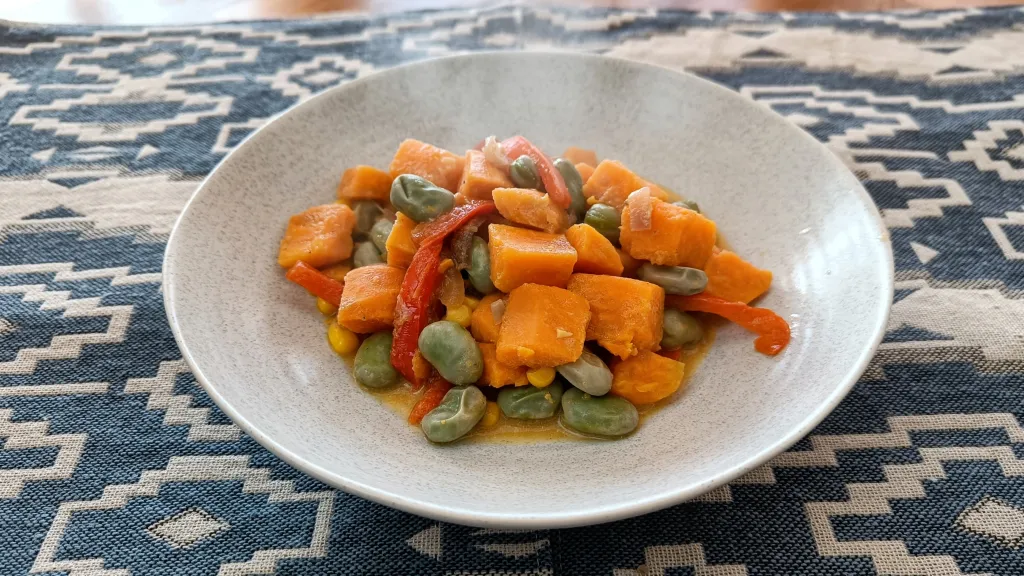 Photograph of Succotash of sweet potato, edamame & corn.