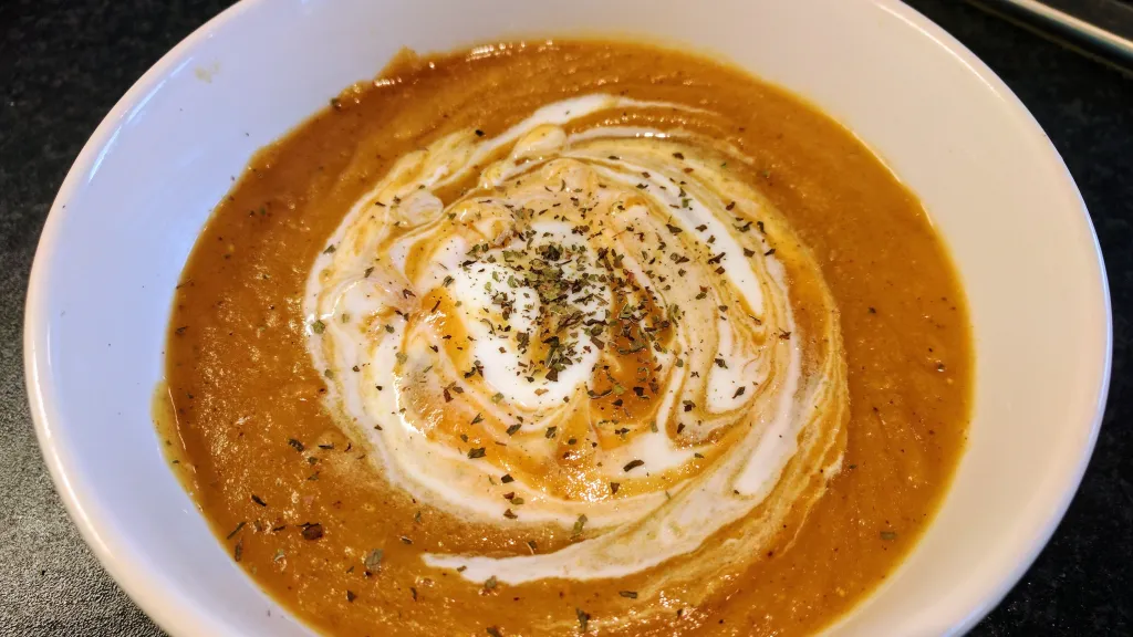 Photograph of Sweet potato & lentil soup.