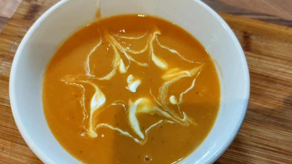 Photograph of Sweet potato, orange and ginger soup.