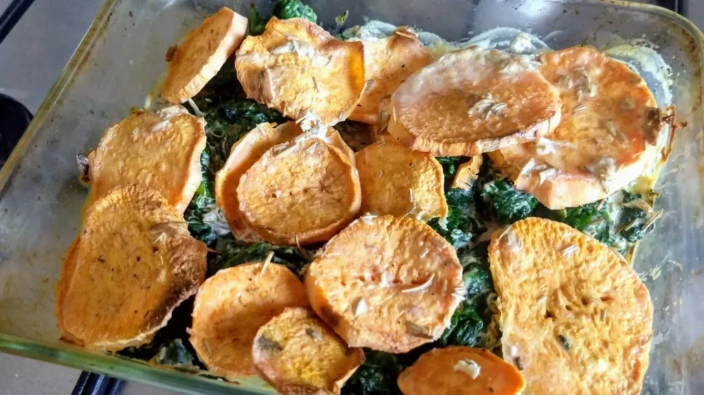 Photograph of Sweet potato & spinach bake.