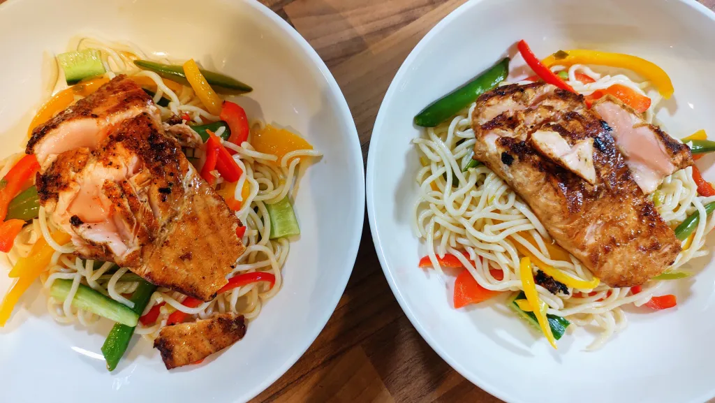 Photograph of Teriyaki salmon with asian noodle salad.