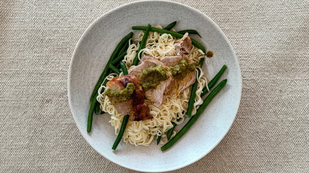 Photograph of Thai pork with lemongrass & lime dipping sauce.