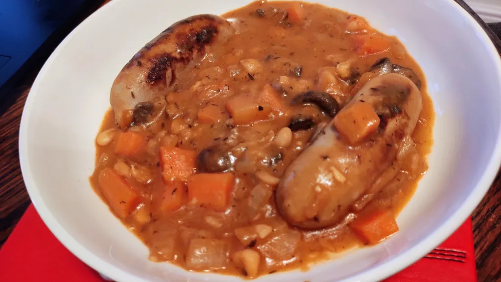 Photograph of Vegetarian sausage cassoulet.