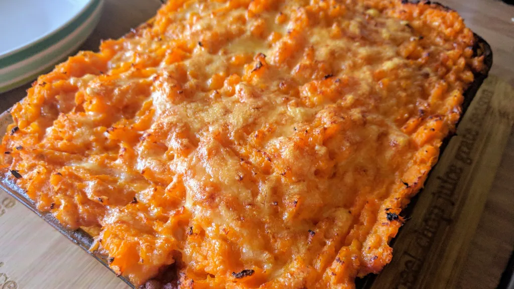 Photograph of Veggie shepherd's pie with sweet potato mash.