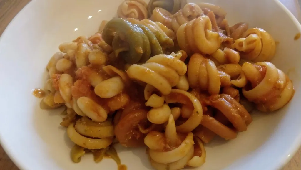 Photograph of White beans and pasta with rosemary pesto.