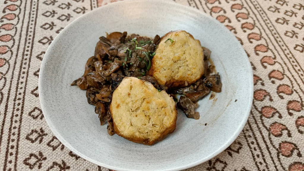 Photograph of Wild mushroom & tarragon cobbler.