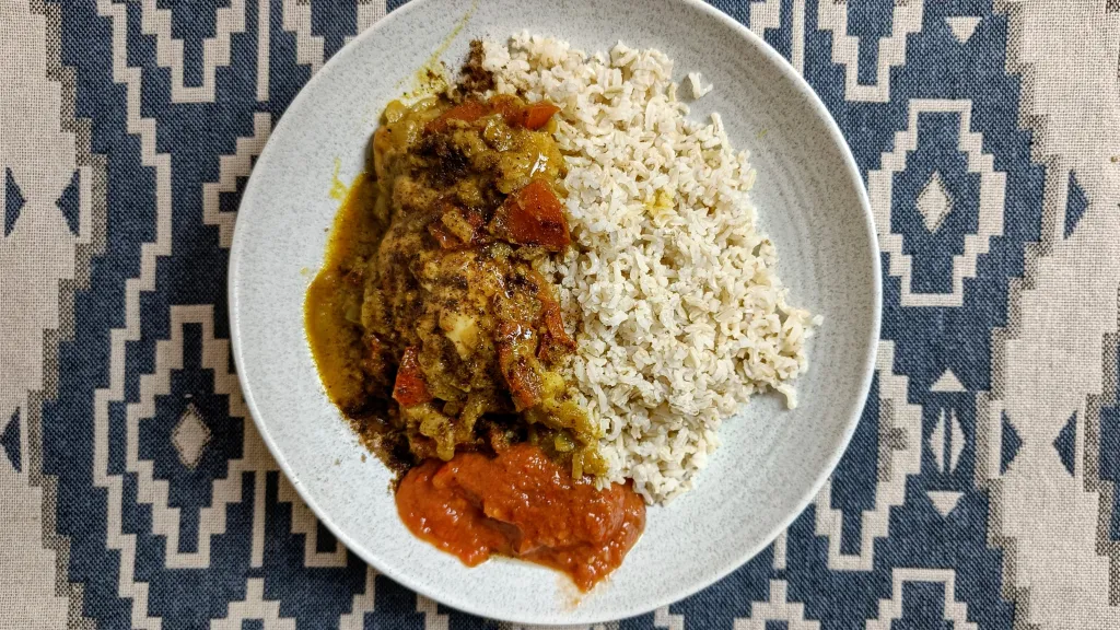 Photograph of Zanzibari curry with date chutney.